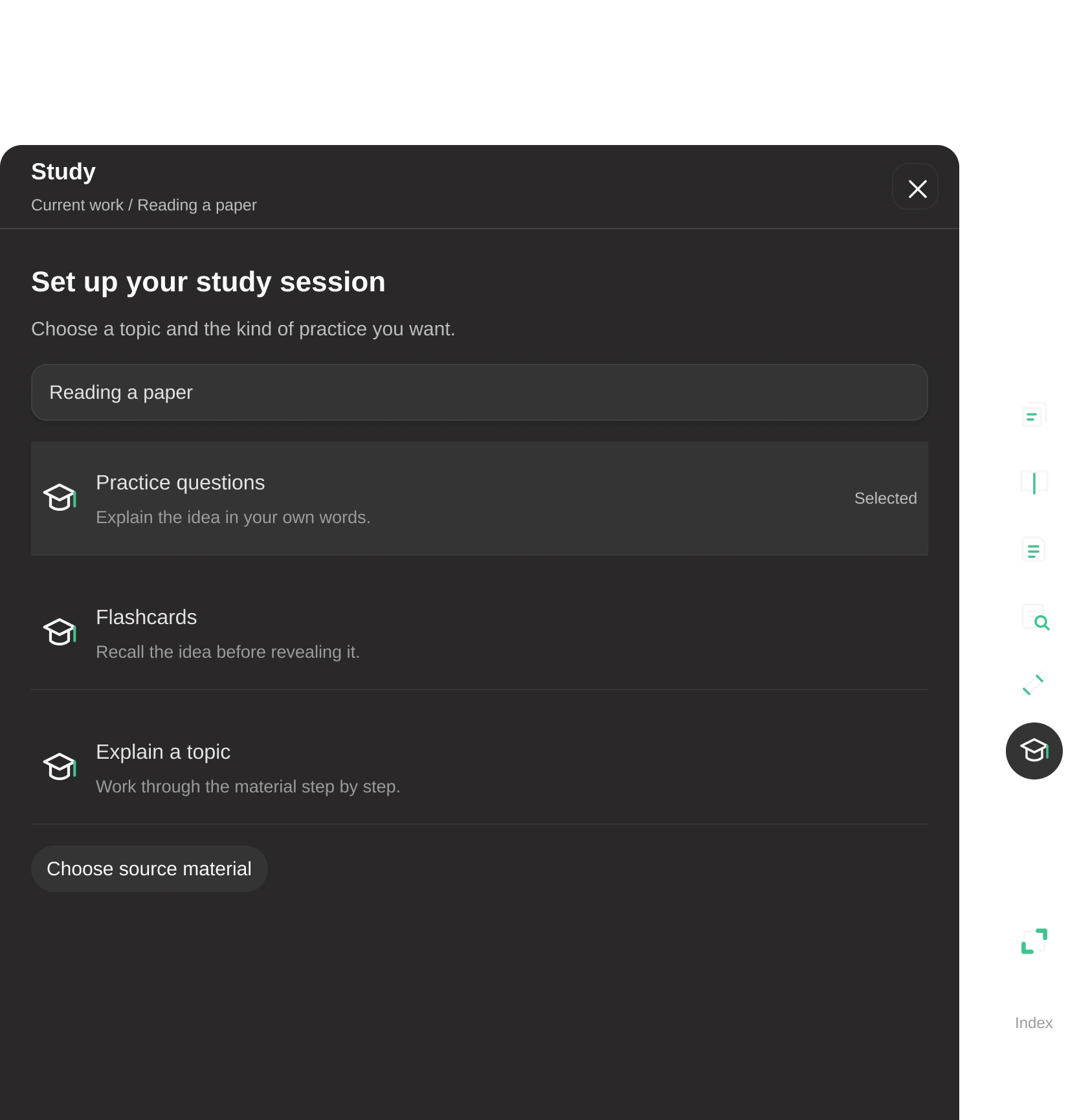 The Index study panel: setting up a study session on a paper, with practice questions selected, flashcards and a topic explained
