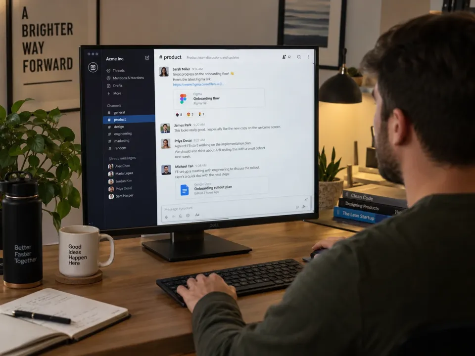 A man reading a Slack channel about an onboarding flow